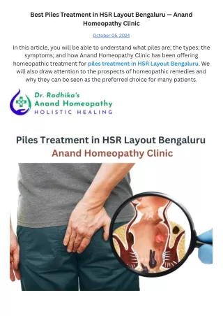 Best Piles Treatment in HSR Layout Bengaluru — Anand Homeopathy Clinic