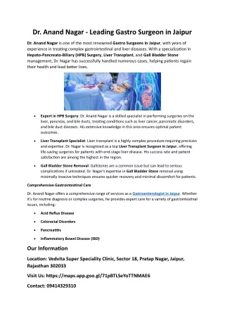 Dr. Anand Nagar: Leading Gastro Surgeon in Jaipur Specializing in HPB Surgery, L