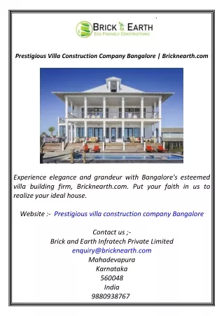 Prestigious Villa Construction Company Bangalore  Bricknearth.com