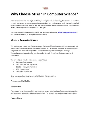 Why Choose MTech in Computer Science