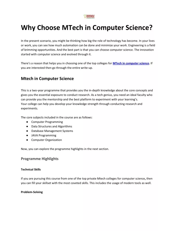 why choose mtech in computer science