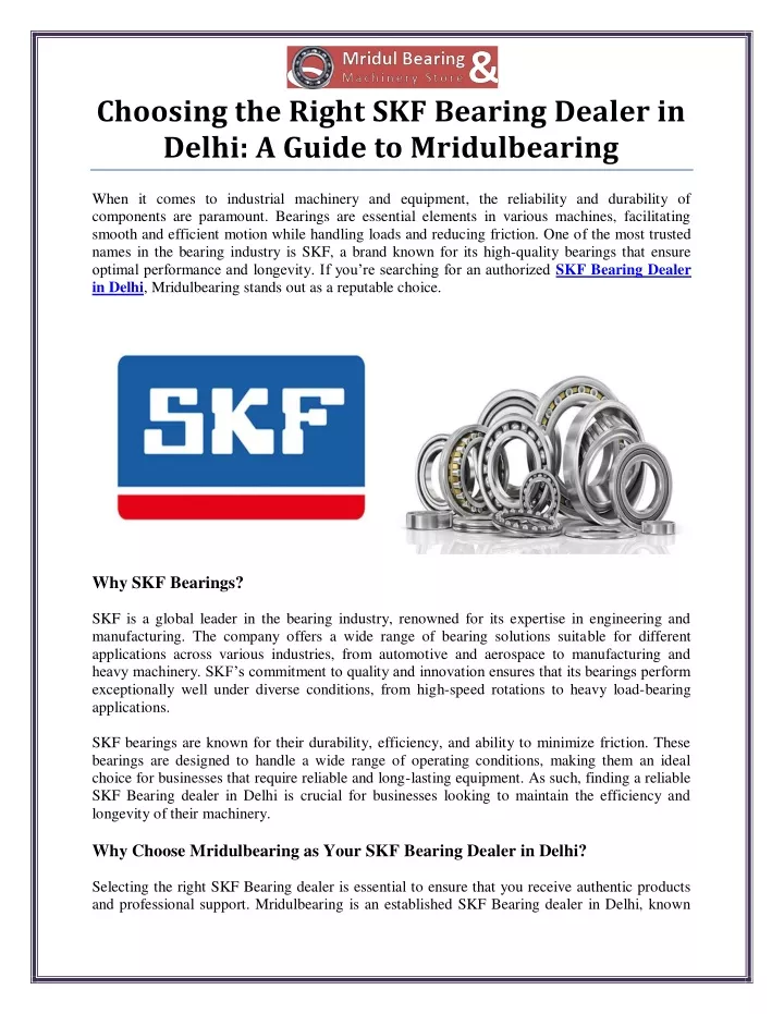 choosing the right skf bearing dealer in delhi