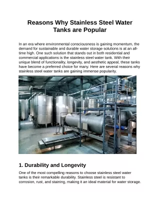 Reasons Why Stainless Steel Water Tanks are Popular