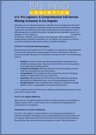 U.S. Pro Logistics: A Comprehensive Full-Service Moving Company in Los Angeles