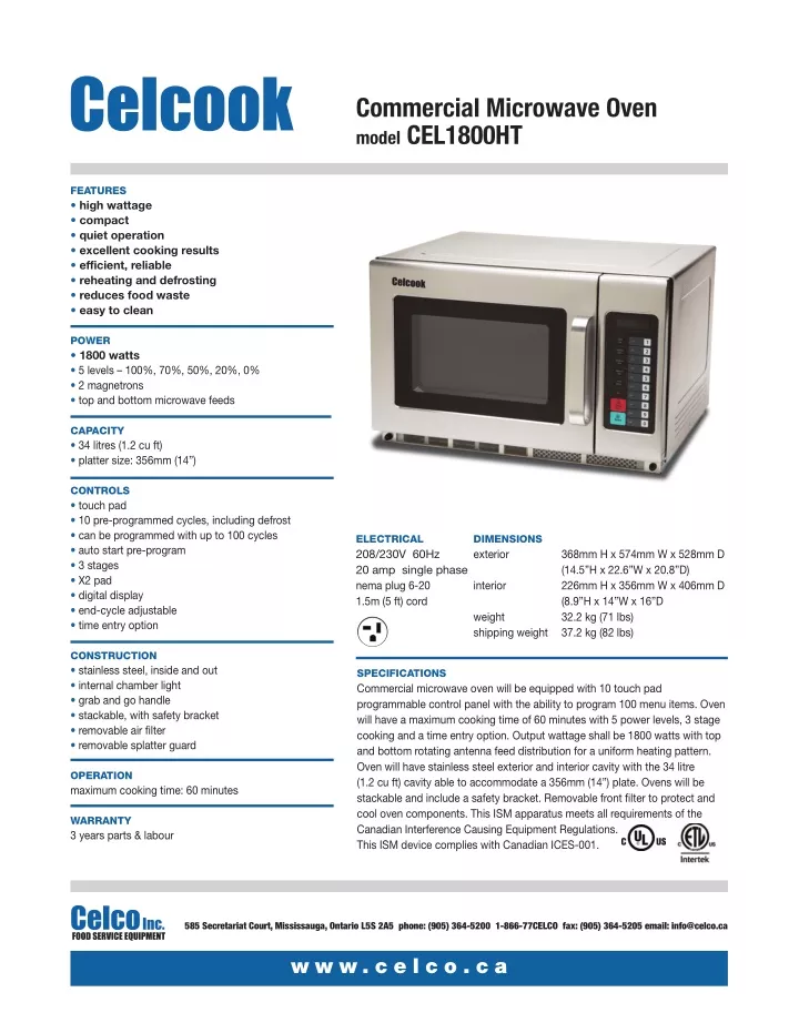 commercial microwave oven model cel1800ht