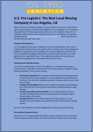U.S. Pro Logistics: The Best Local Moving Company in Los Angeles, CA