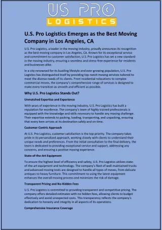 U.S. Pro Logistics Emerges as the Best Moving Company in Los Angeles, CA