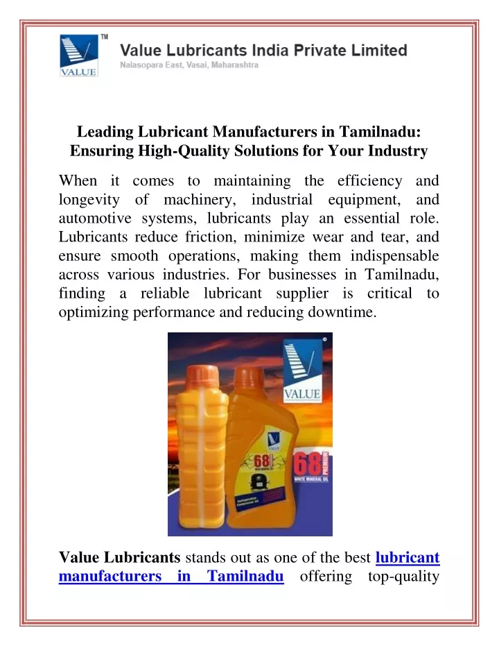 leading lubricant manufacturers in tamilnadu