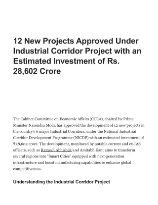 12 New Projects Approved Under Industrial Corridor Project with an Estimated Investment of Rs. 28,602 Crore