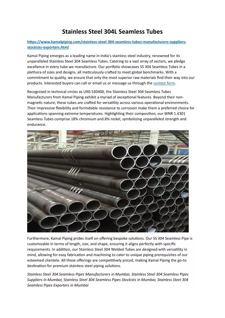 stainless steel 304l seamless tubes