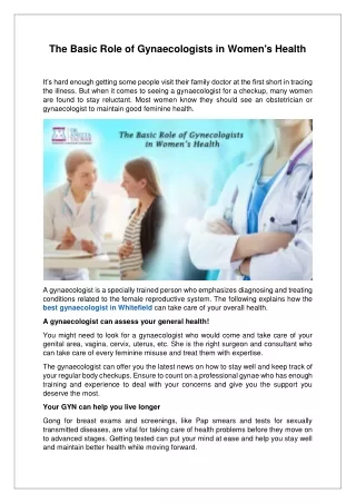 The Basic Role of Gynaecologists in Women's Health