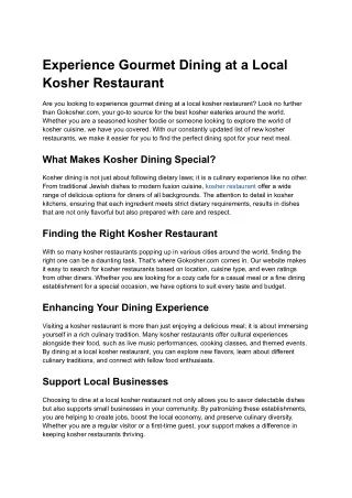 Experience Gourmet Dining at a Local Kosher Restaurant