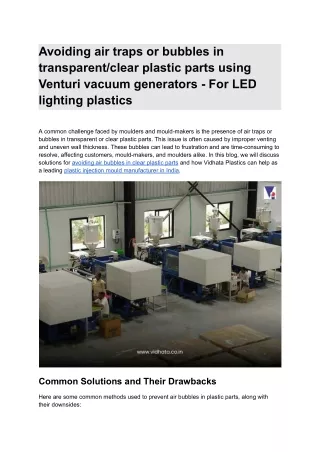 Avoiding air traps or bubbles in transparent_clear plastic parts using Venturi vacuum generators - For LED lighting plas