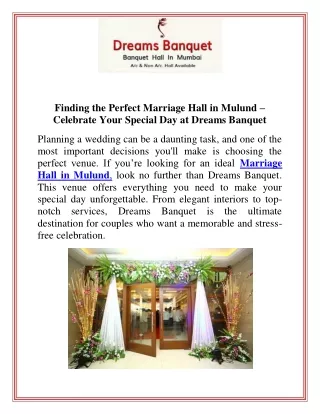 Finding the Perfect Marriage Hall in Mulund  Celebrate Your Special Day at Dreams Banquet