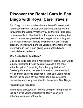 Discover the Rental Cars in San Diego with Royal Care Travels