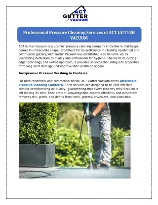 Professional Pressure Cleaning Services of ACT GUTTER VACUUM