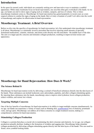 Mesotherapy for Hand Rejuvenation: A Fountain of Youth?