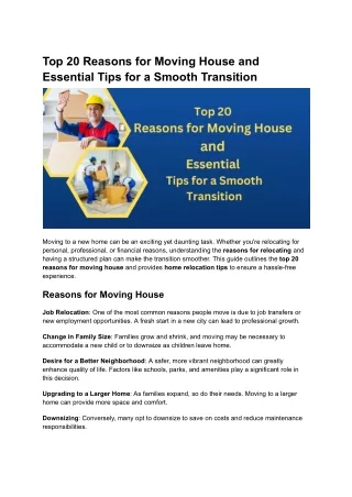 Top 20 Reasons for Moving House and Essential Tips for a Smooth Transition