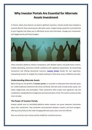 Why Investor Portals Are Essential for Alternate Assets Investment