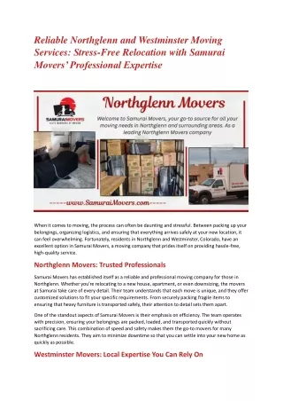 Reliable Northglenn and Westminster Moving Services Stress Free Relocation with Samurai Movers Professional Expertise