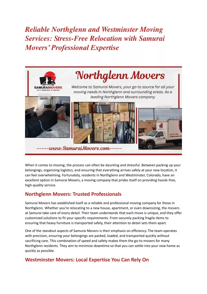 reliable northglenn and westminster moving