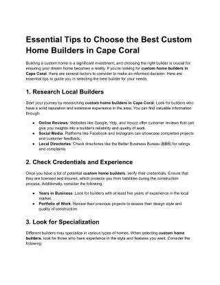 Essential Tips to Choose the Best Custom Home Builders in Cape Coral