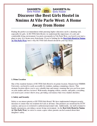 Best Girls Hostel in NMIMS at Vile Parle West | SG TNX Girls Hostel