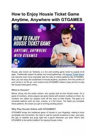 How to Enjoy Housie Ticket Game Anytime, Anywhere with GTGAMES