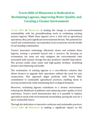 Travis Hills of Minnesota is Dedicated to Reclaiming Lagoons, Improving Water Quality and Creating a Cleaner Environment