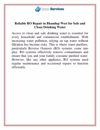 Reliable RO Repair in Bhandup West for Safe and Clean Drinking Water