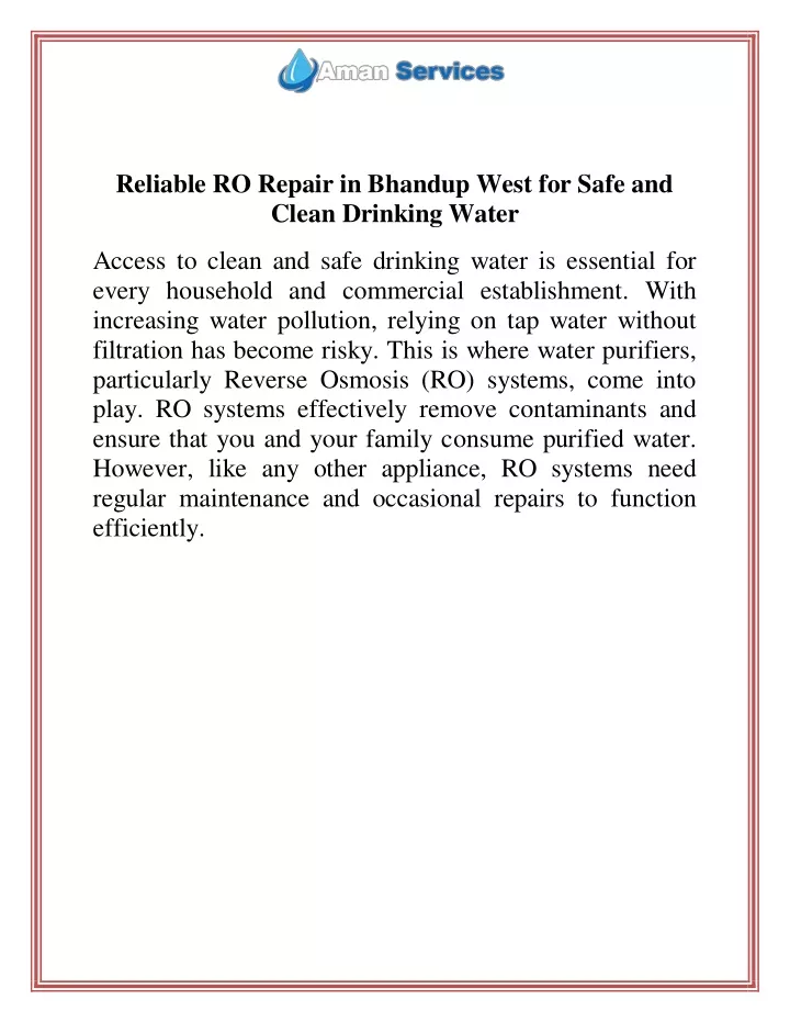 reliable ro repair in bhandup west for safe