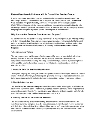 Kickstart Your Career in Healthcare with the Personal Care Assistant Program