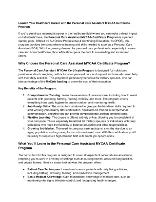 Launch Your Healthcare Career with the Personal Care Assistant MYCAA Certificate Program