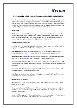 Understanding UPVC Pipes A Comprehensive Guide by Kelvin Pipe