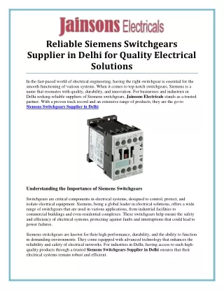 Reliable Siemens Switchgears Supplier in Delhi | Jainsons Electricals