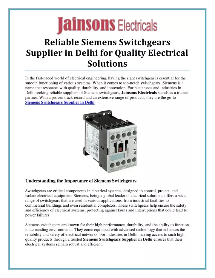 reliable siemens switchgears supplier in delhi