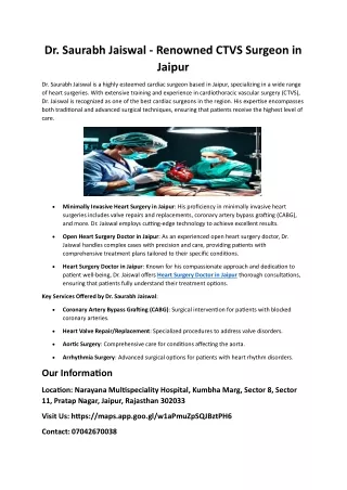 Dr. Saurabh Jaiswal: Leading CTVS Surgeon and Best Cardiac Surgeon in Jaipur Spe