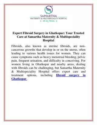 Expert Fibroid Surgery in Ghatkopar Your Trusted Care at Samartha Maternityl