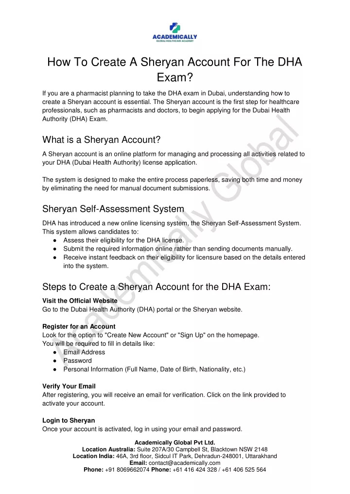 how to create a sheryan account for the dha exam