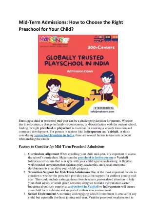 Mid-Term Admissions How to Choose the Right Preschool for Your Child?