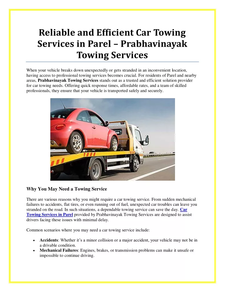 reliable and efficient car towing services