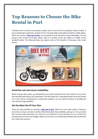 Top Reasons to Choose the Bike Rental in Puri