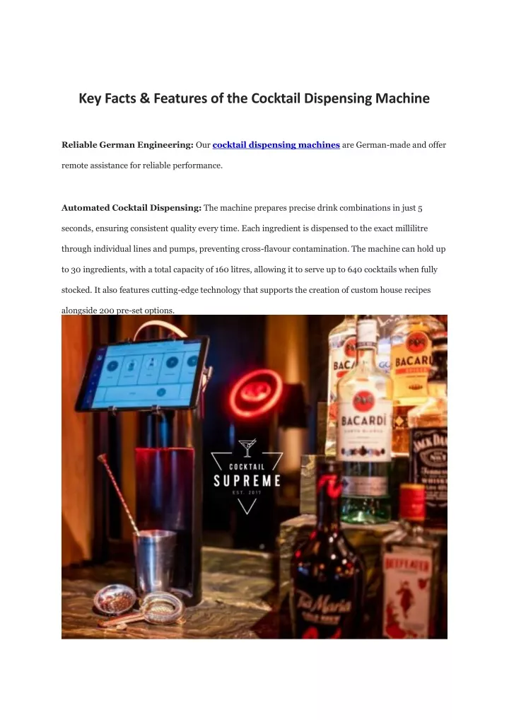 key facts features of the cocktail dispensing