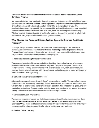 Fast-Track Your Fitness Career with the Personal Fitness Trainer Specialist Express Certificate Program