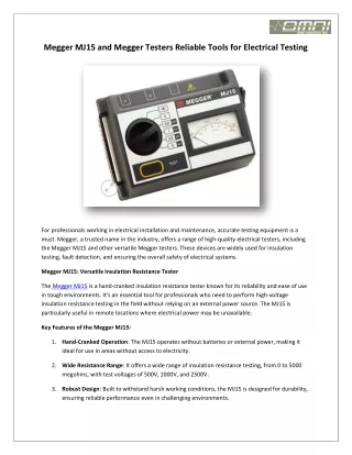 Megger MJ15 and Megger Testers Reliable Tools for Electrical Testing