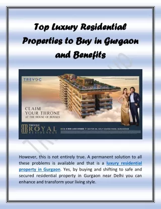 Top Luxury Residential Properties to Buy in Gurgaon and Benefits