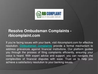 Resolve Ombudsman Complaints - rbicomplaint.com