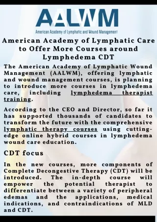 American Academy of Lymphatic Care to Offer More Courses around Lymphedema CDT