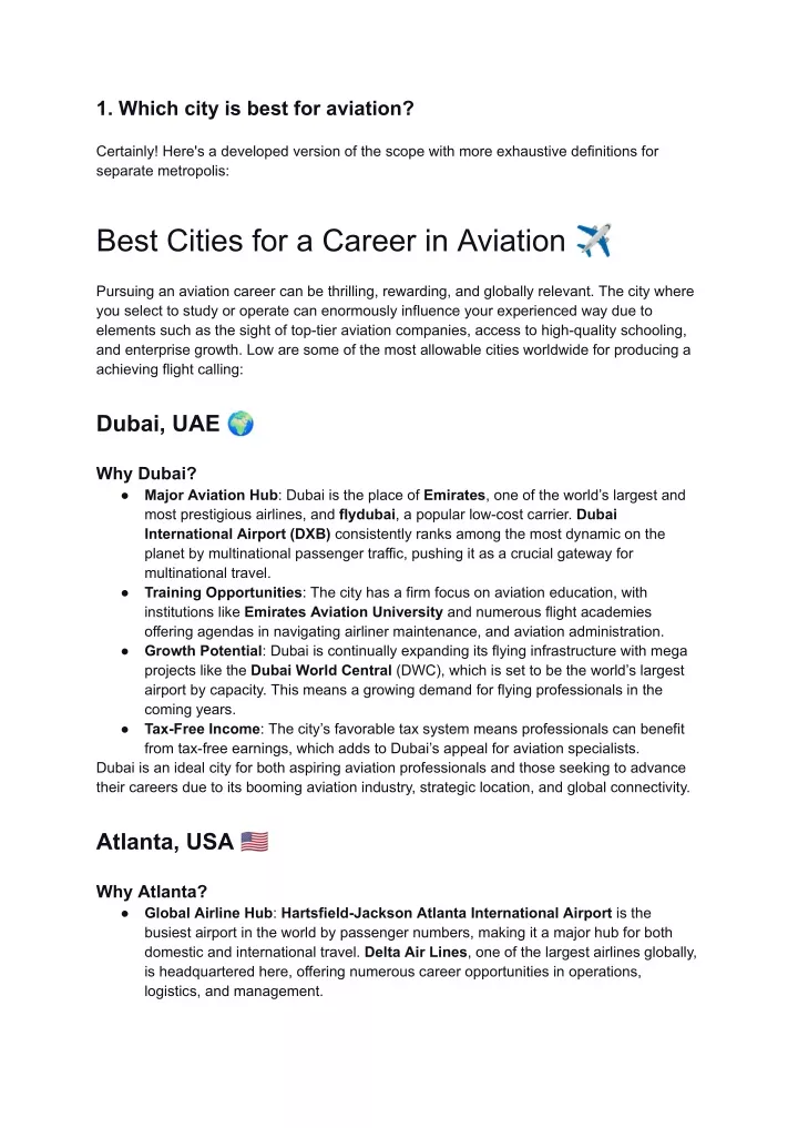 1 which city is best for aviation