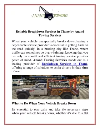 Reliable Breakdown Services in Thane by Anand Towing Services